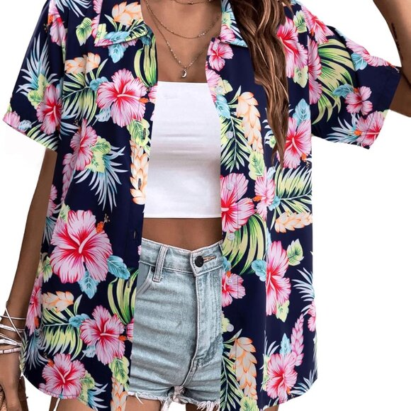 Breathable Floral Print Hawaiian Shirt for Women - Short Sleeve Button-Up - Picture 1 of 5